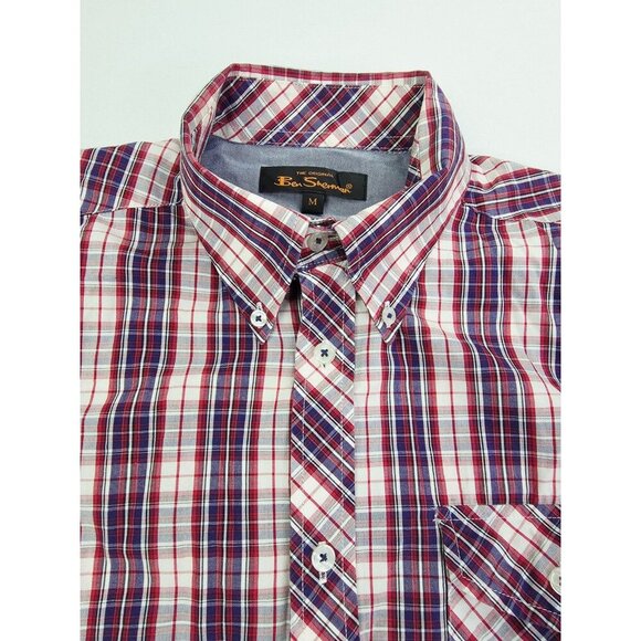 Ben Sherman Size Medium Vanilla Red Navy Check Mens Embroidered Logo Button Down - Picture 1 of 11